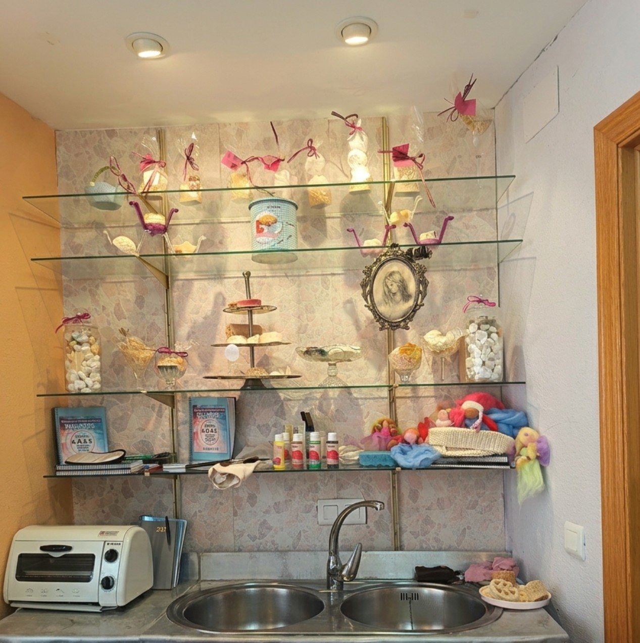 Estanterías del atelier con hadas de lana y jabones artesanales listos para regalar