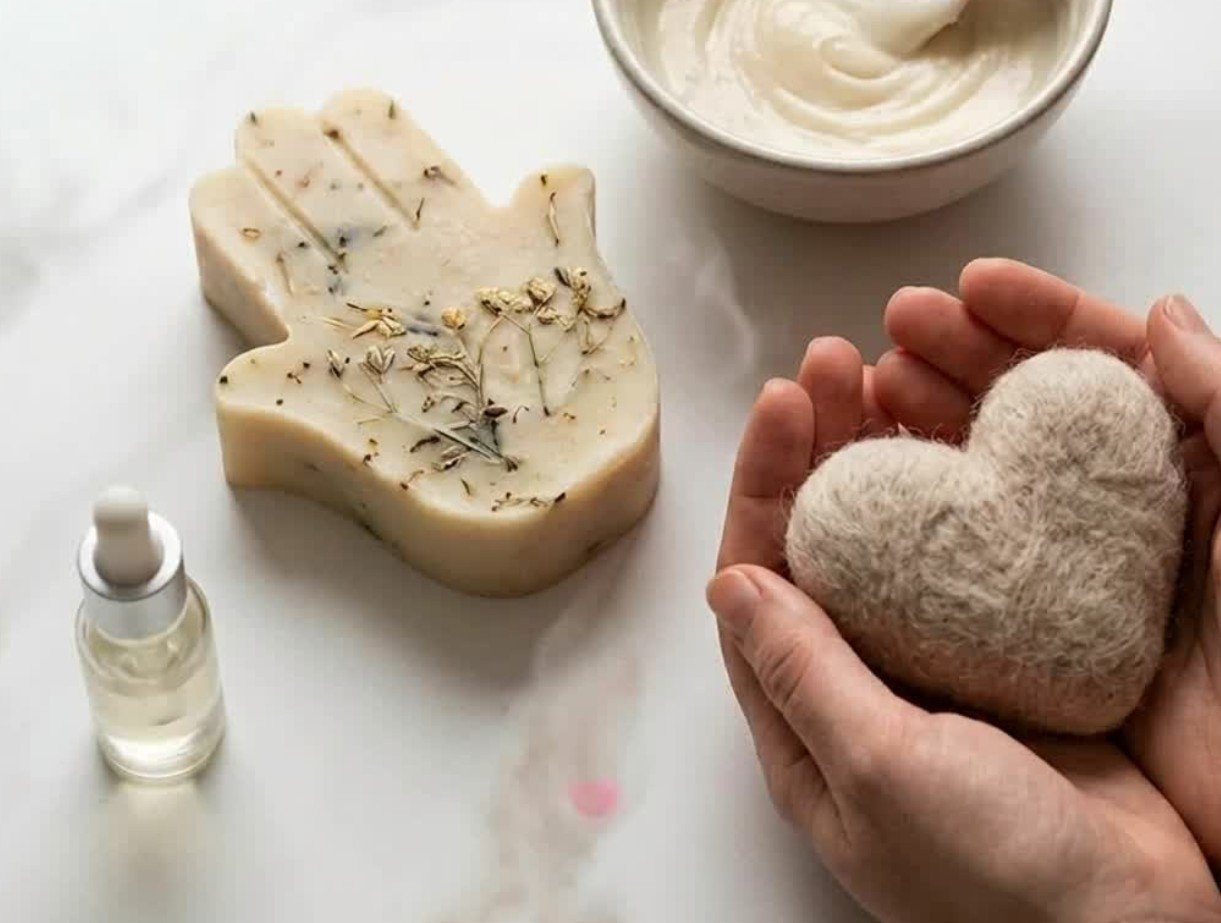 Manos sosteniendo un jabón artesanal junto a un corazón de lana y un cuenco con aceite